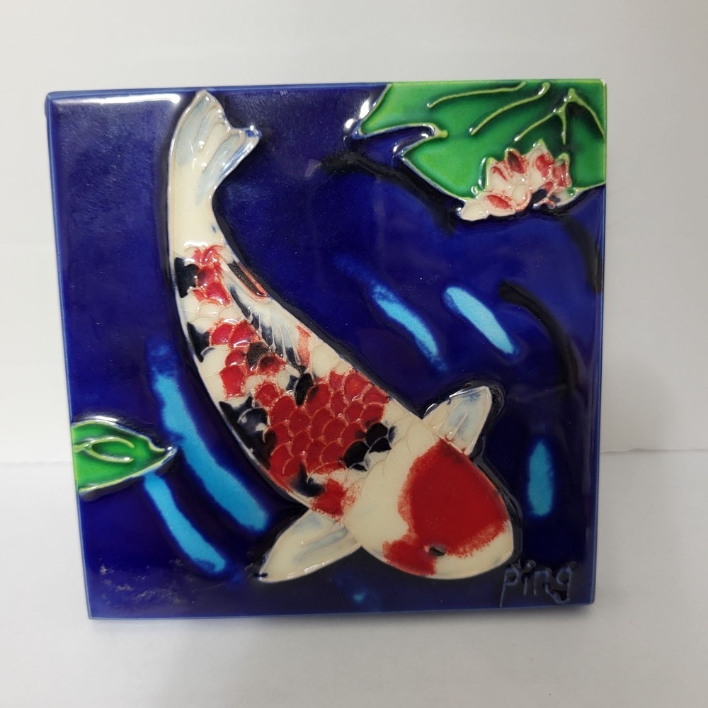 Signed Ceramic Koi Fish Tile By Ping Hand Painted Wall Hanging Raised Design 4x4